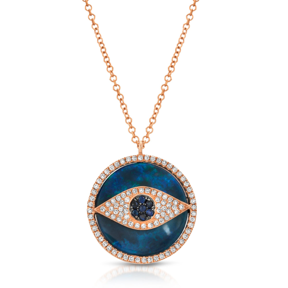 Naz And Jaz Beverly Hills 14KT ROSE GOLD DIAMOND SAPPHIRE OPAL EVIL EYE NECKLACE NazAndJaz