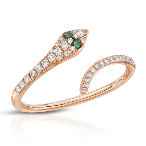 14KT ROSE GOLD DIAMOND & EMERALD SNAKE RING