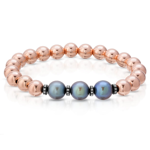 14KT ROSE GOLD FILLED 8MM GREY PEARLS DIAMOND SPACER  STRETCH BRACLELET 