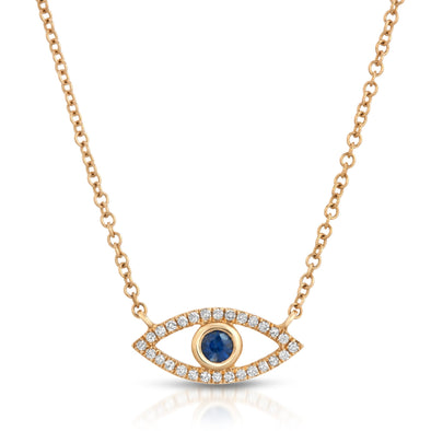 14KT YELLOW GOLD DIMAOND & SAPPHIRE EVIL EYE NECKLACE 